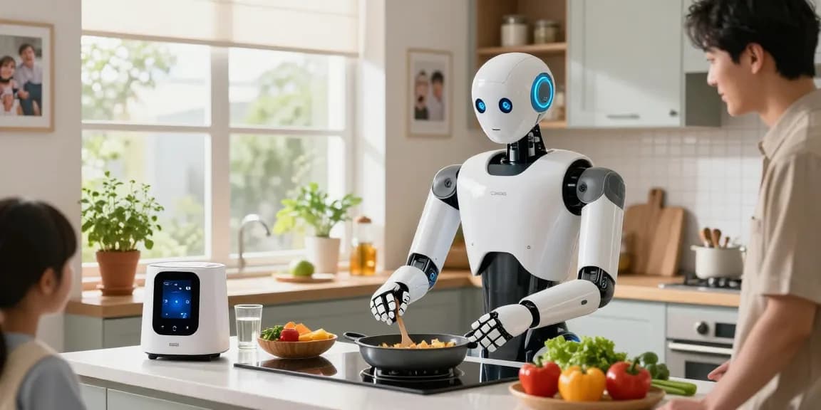 Home robot 2026 helping with cooking in a modern kitchen, showcasing advanced technology and family atmosphere.