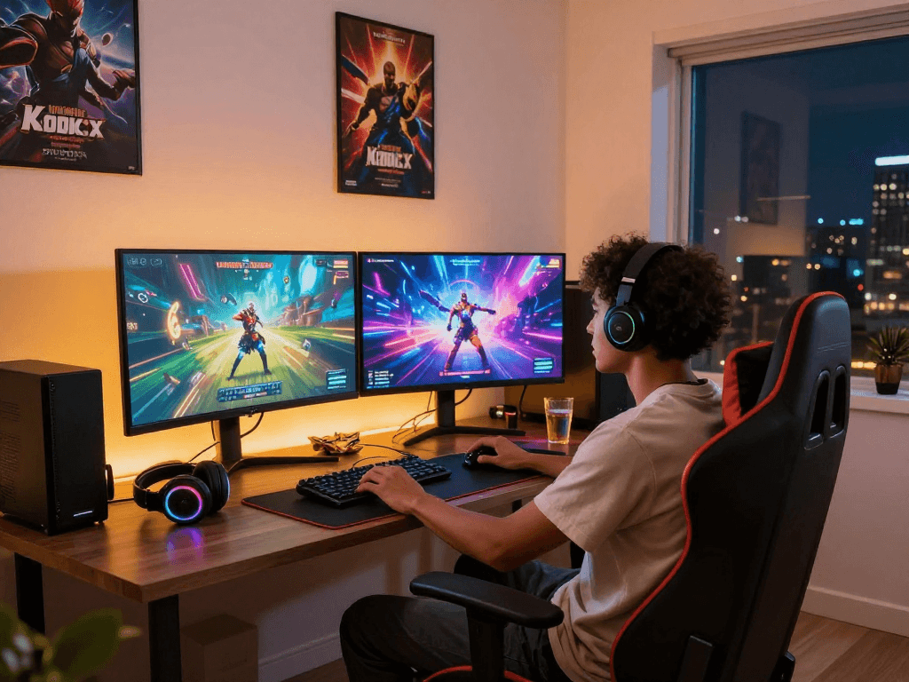 Person enjoying an adult game in a modern gaming room with vibrant graphics.