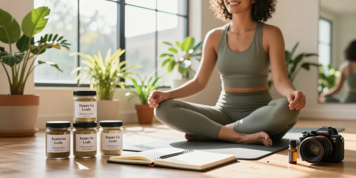 Happy Go Leafy brand wellness scene with kratom powder jars, yoga mat, and natural light.