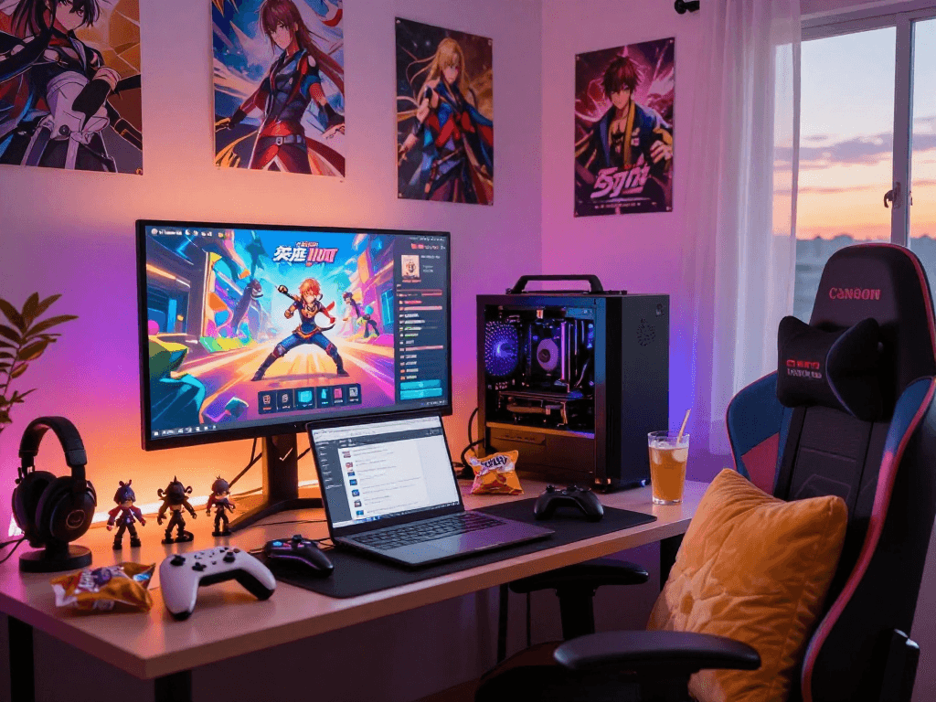 Engaging gaming setup featuring a hentai game display, headset, and collectibles creating an inviting atmosphere.