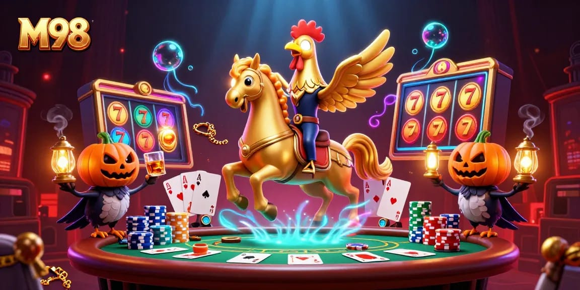 M98 offers thrilling casino gaming with slots, live action, and poker in a vibrant illustration.