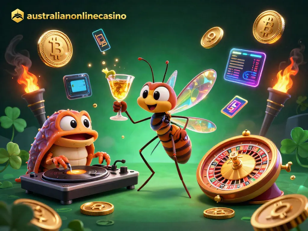 Engage with the vibrant world of australianonlinecasino in this dynamic casino-themed 3D illustration showcasing a unique frozen mosquito mascot.