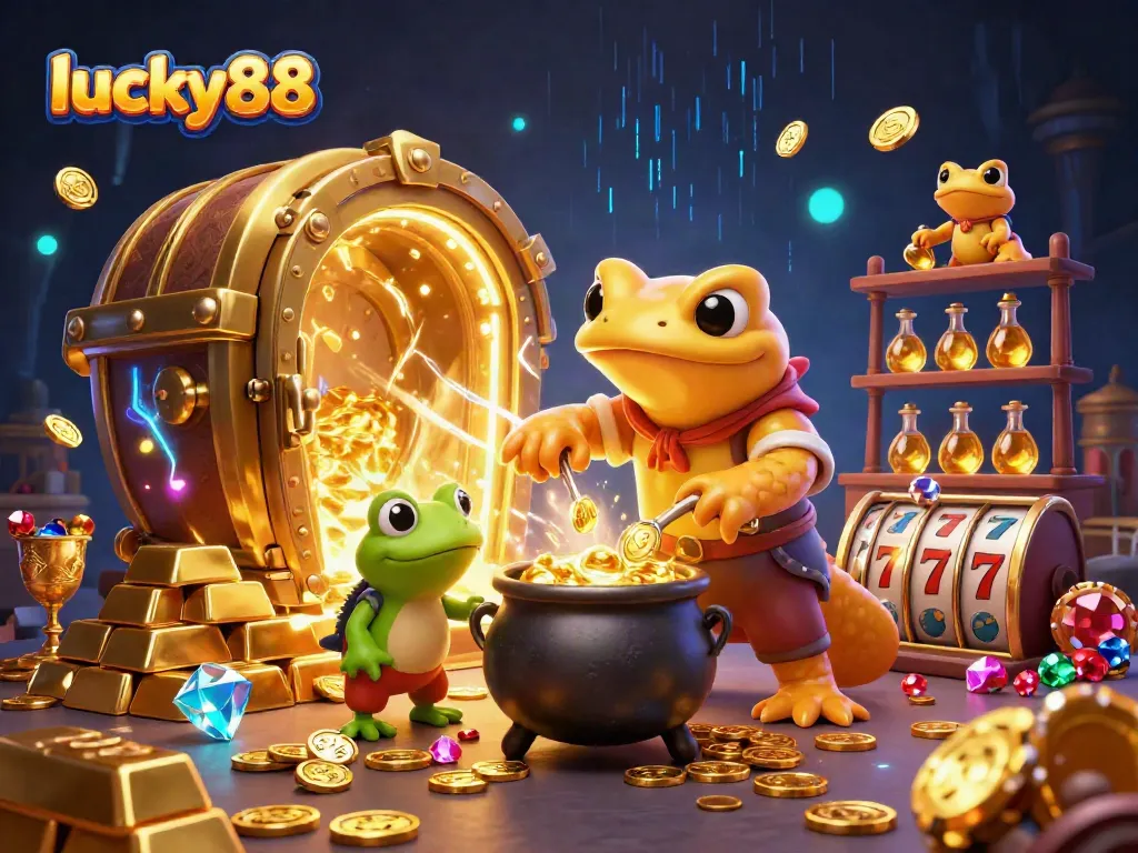 Spin the reels of lucky88 in this vibrant scene with golden treasures and enchanting characters!