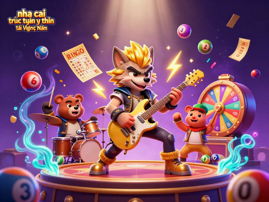 Experience the thrill of nha cai truc tuyen uy tin tại Việt Nam featuring a rock star wolf and dynamic game elements.