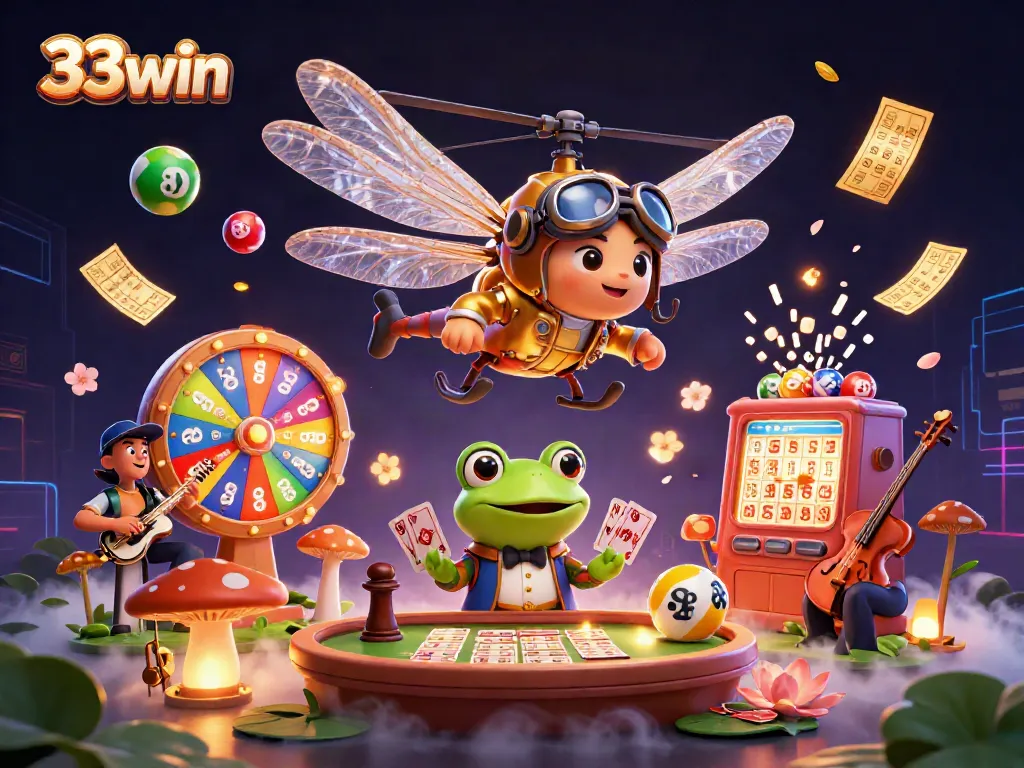 Experience vibrant gaming action with 33win at an animated lily pad casino illustration.