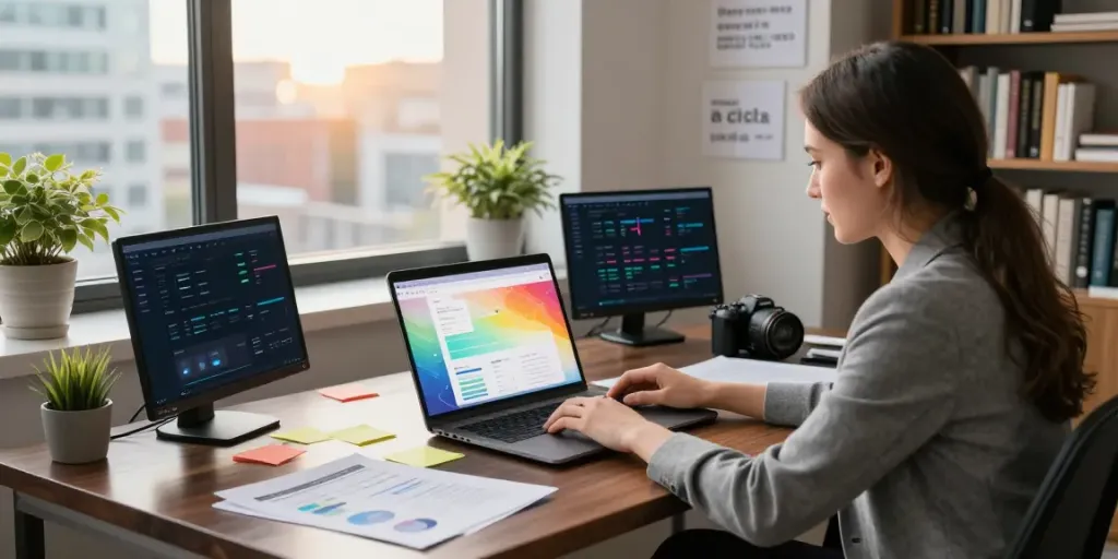 Content strategist analyzing instant indexing metrics in a modern tech workspace.