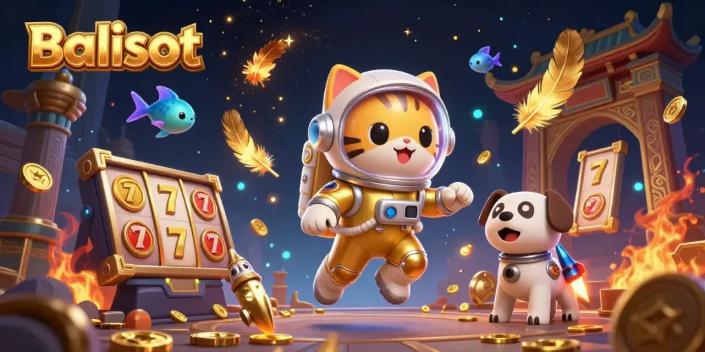 Balislot gaming illustration showcasing an astronaut cat and robot dog in a vibrant casino scene.