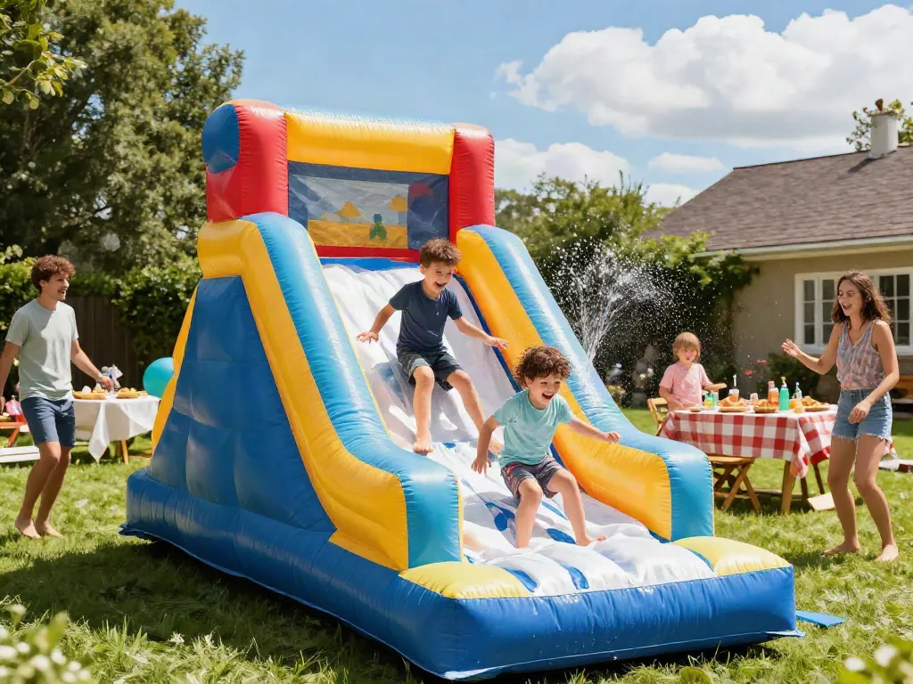 Children having fun on a slip and slide at a summer party, surrounded by laughter and water spray.