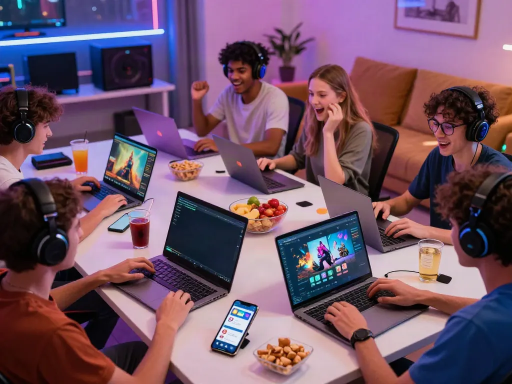 Dynamic friends gaming on DEBET platform showcasing excitement and community.