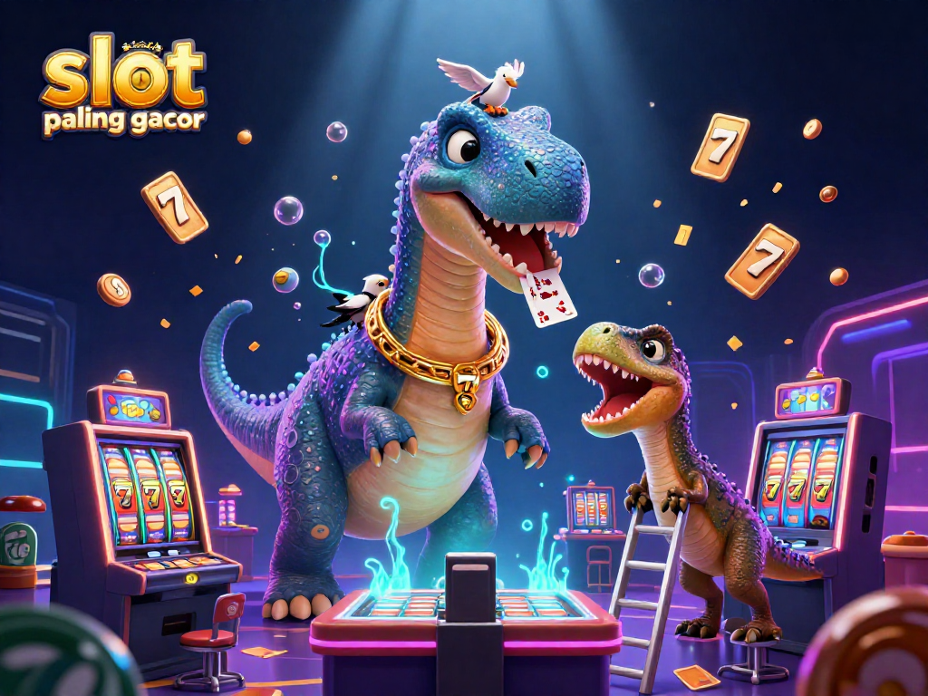 Spin and win with slot thailand paling gacor as a giant brontosaurus watches over dynamic slot gaming action.