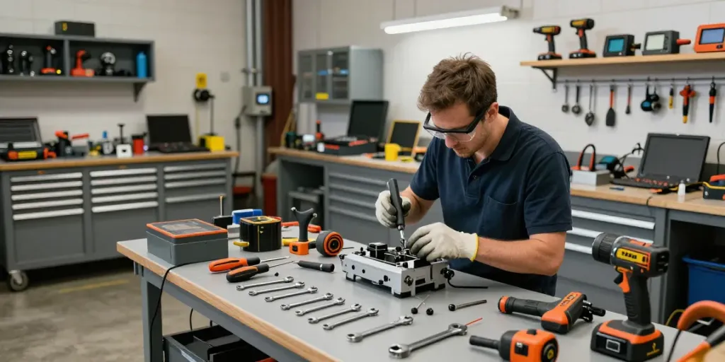 Technician utilizing a variety of beta tools in a well-equipped workshop.