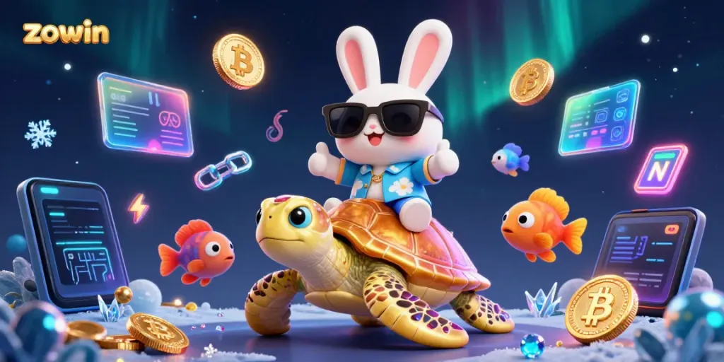 Zowin casino promotion featuring a cartoon lucky rabbit and golden sea turtle amidst crypto elements.