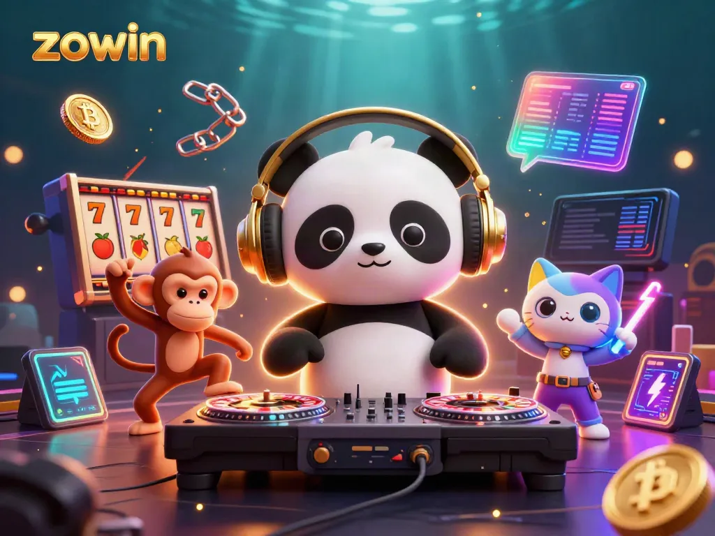 Zowin's vibrant casino scene features a DJ panda, dancing monkey, and rave kitten surrounded by slot reels.