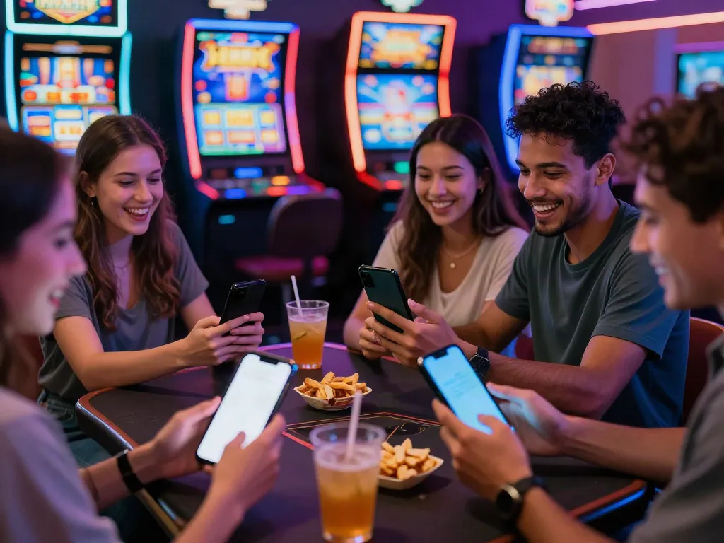 Engaged group of friends enjoying diverse games at nhà cái gem88 with vibrant casino ambiance.