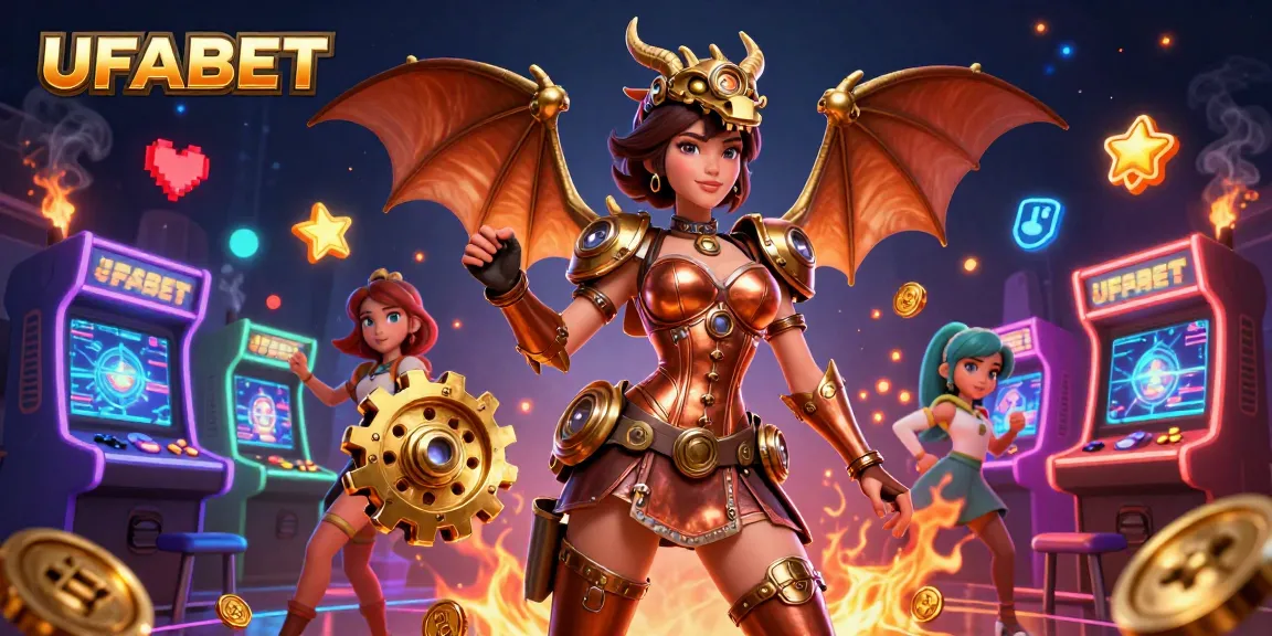 Spin vibrant slots at UFABET featuring a stunning woman and a clockwork dragon surrounded by colorful gaming elements