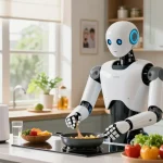 Home robot 2026 helping with cooking in a modern kitchen, showcasing advanced technology and family atmosphere.