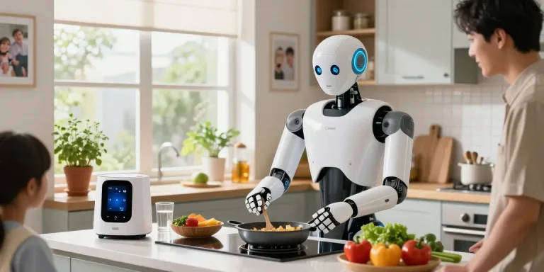 Home robot 2026 helping with cooking in a modern kitchen, showcasing advanced technology and family atmosphere.