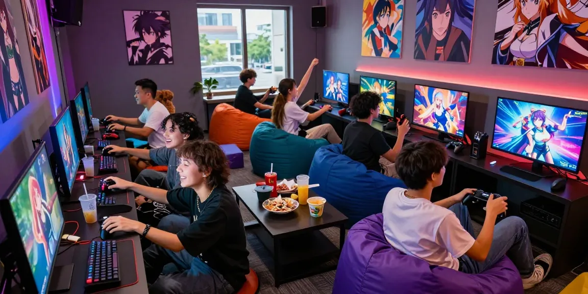 Engaged friends enjoying a vibrant gaming lounge while playing hentai games together, surrounded by colorful decor and snacks.