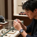 A stylish enthusiast admiring high-end clone watches in an upscale boutique, showcasing detailed craftsmanship and luxurious atmosphere.
