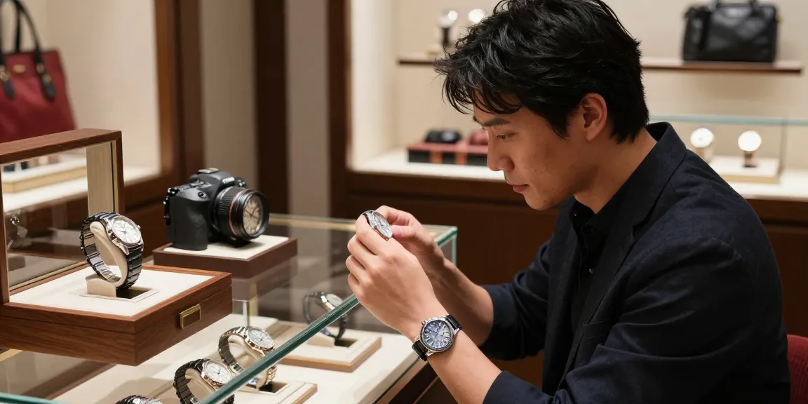 A stylish enthusiast admiring high-end clone watches in an upscale boutique, showcasing detailed craftsmanship and luxurious atmosphere.