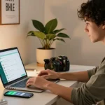 Engaging workspace showcasing WhatsApp下載 with a modern home office setting.