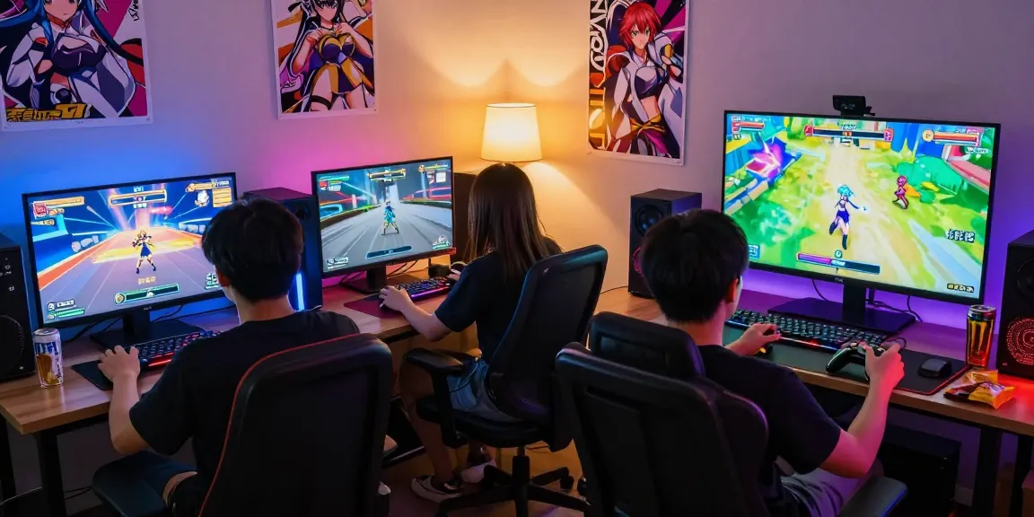 Players enjoying ecchi games in a vibrant gaming room with colorful graphics.