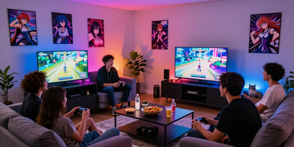 Engaging scene of friends enjoying ecchi games together in a lively living room setting.