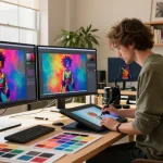 Create NSFW AI digital art in a vibrant studio space with an artist at a drawing tablet.