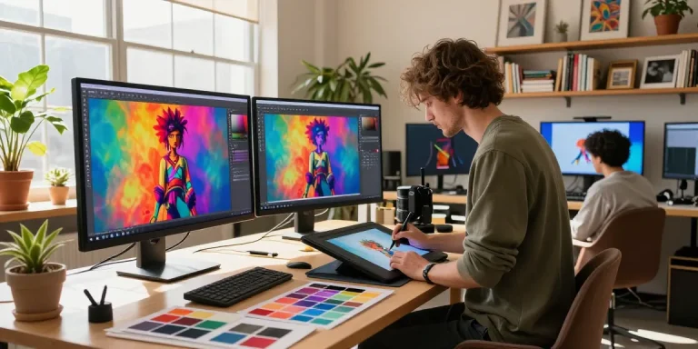 Create NSFW AI digital art in a vibrant studio space with an artist at a drawing tablet.