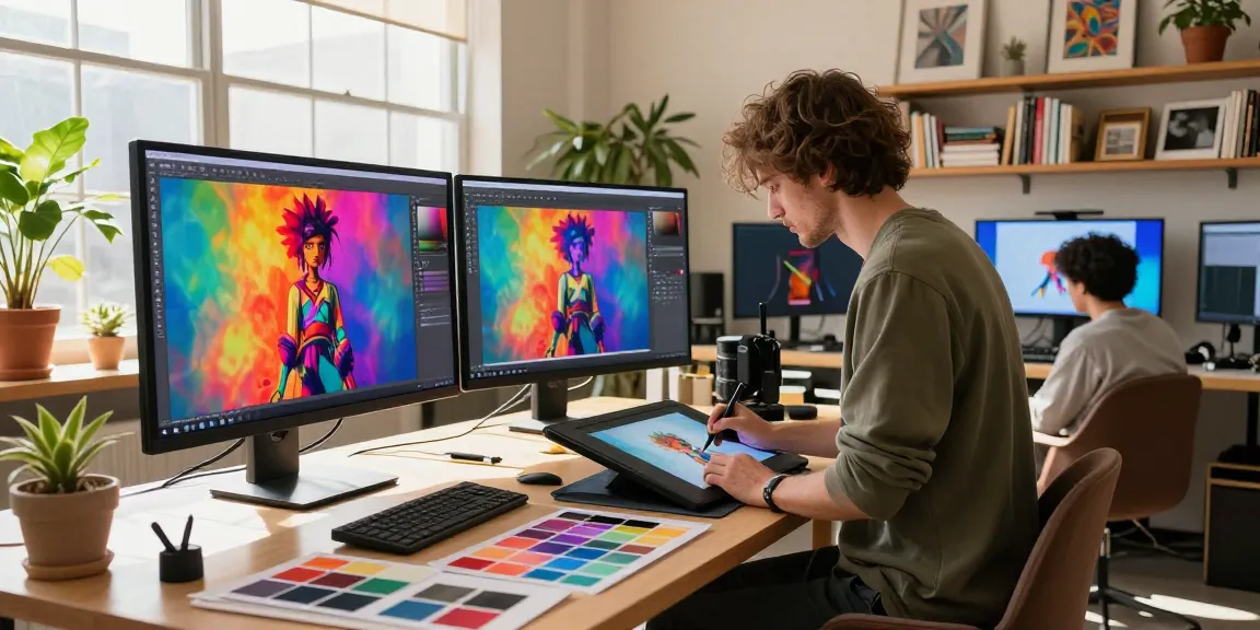 Create NSFW AI digital art in a vibrant studio space with an artist at a drawing tablet.