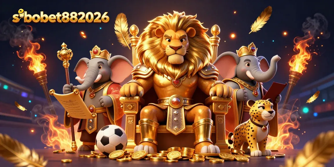 Witness sbobet882026 with the fierce lion king among sports betting elements, exuding a royal aura.