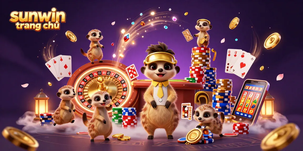 Exciting scene at sunwin trang chủ with meerkats running a vibrant casino operation.