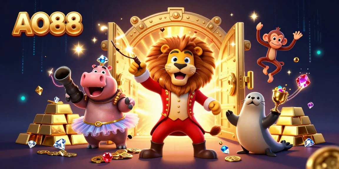 Experience thrilling gameplay at AO88 with festive circus characters and vibrant casino elements.