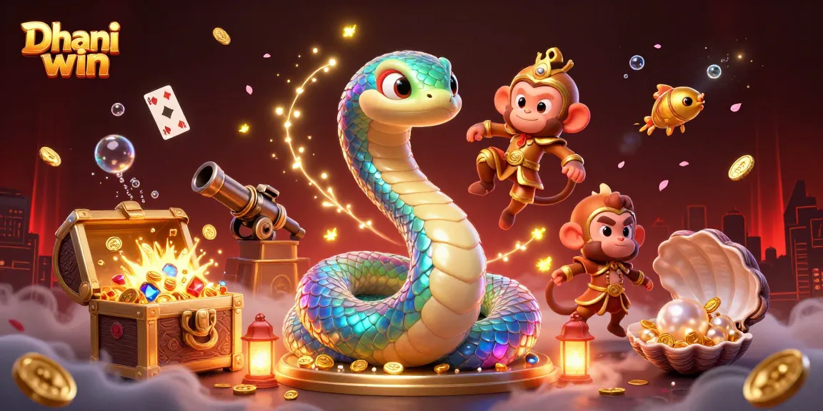 Dhani win game features an iridescent serpent and adventurous monkey king amidst treasure and playing cards.