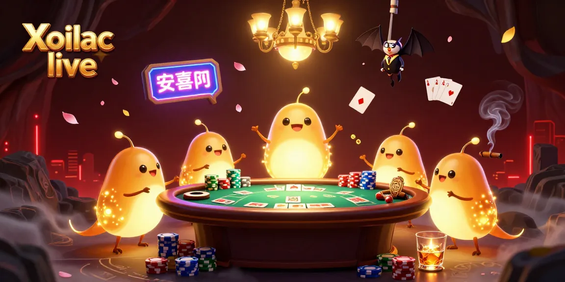 Xoilac live illuminates a cave casino with glowworms and a bat dealer amidst vibrant gaming elements.