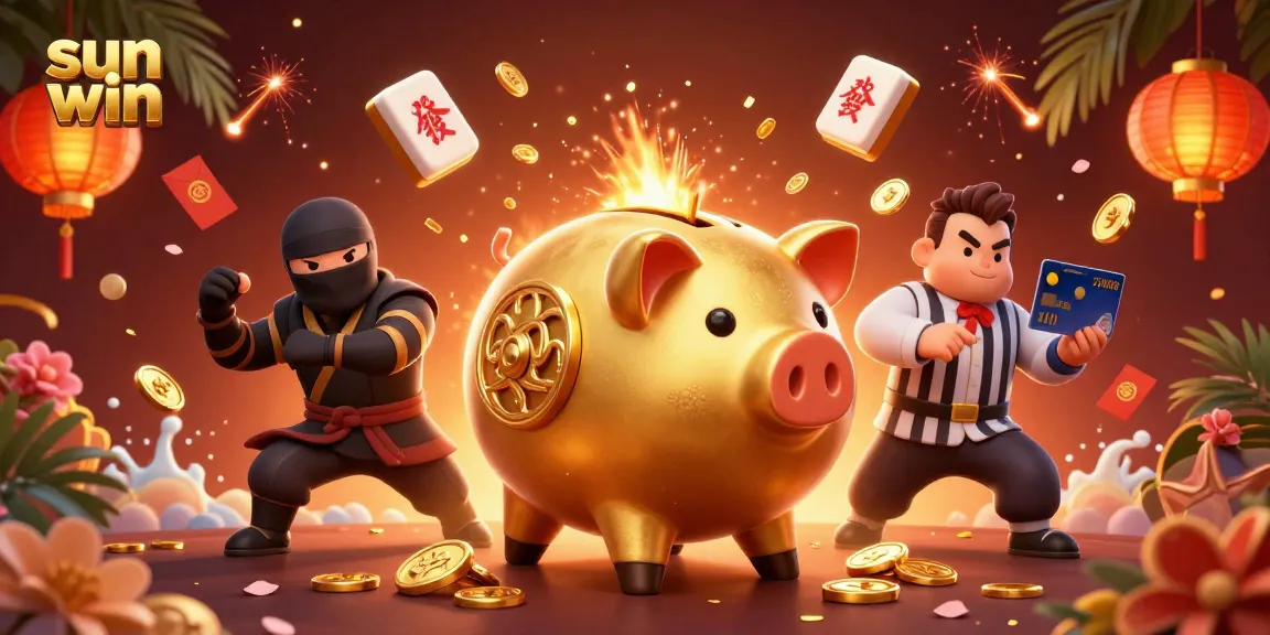 Experience the excitement of sun win with a dynamic 3D scene featuring a golden piggy bank sumo wrestler.