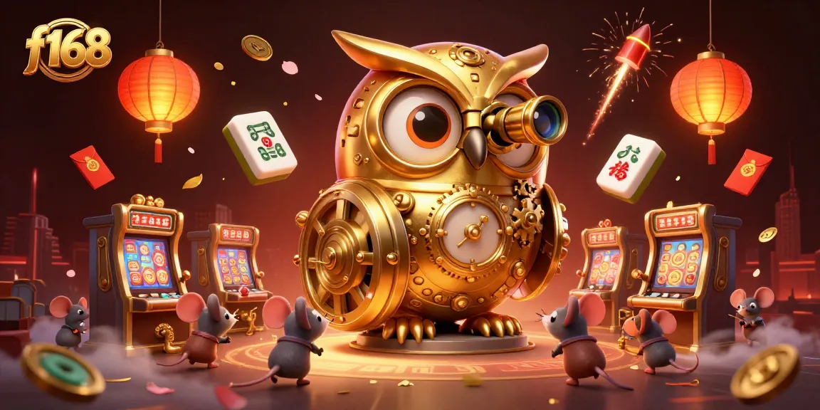Bet on f168 with a massive golden owl overseeing bustling cartoon casino action