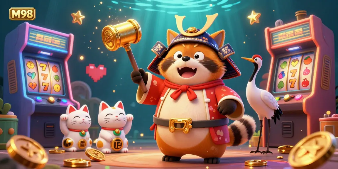Win big with M98's vibrant slots and gaming experience, featuring cheerful anime characters.