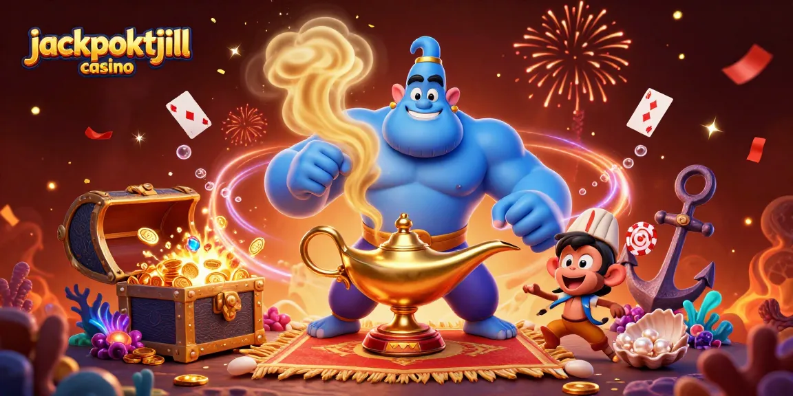 Engage with jackpotjill casino as the genie brings luck, surrounded by vibrant casino magic.